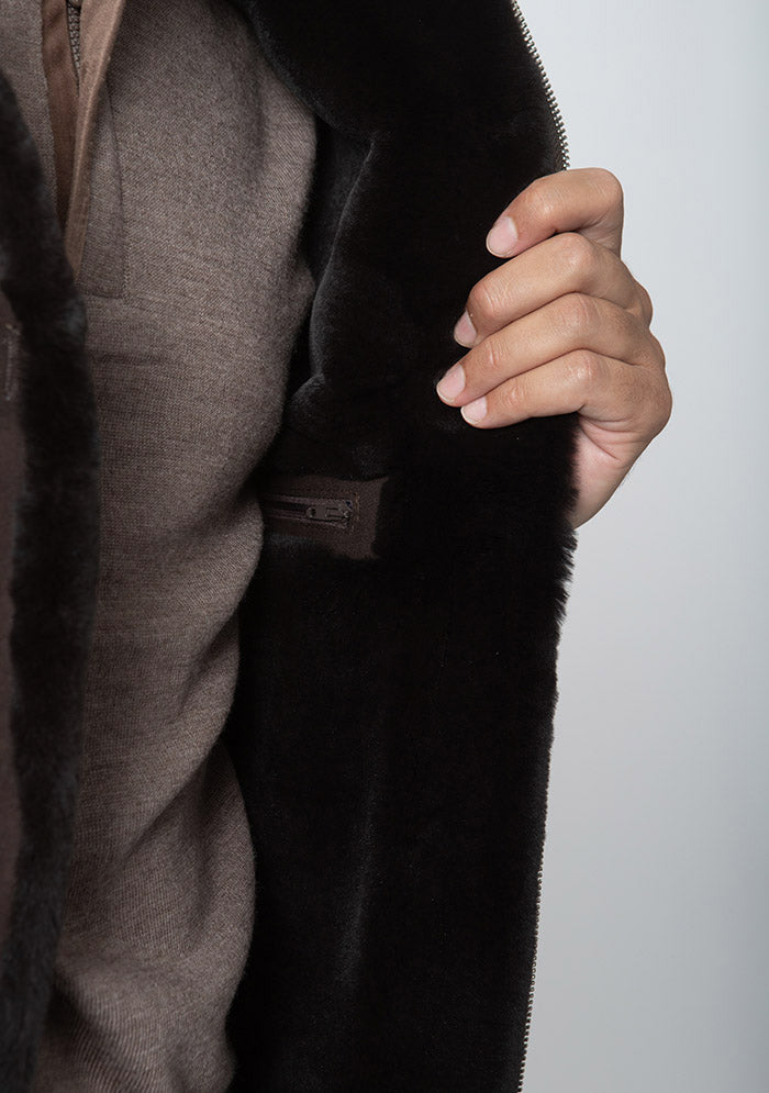 Brown hooded wool bomber by Addison Geneva #color_brown