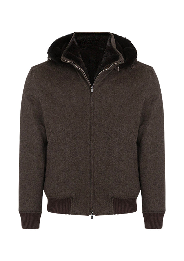 Tiberio Rex Fur Hooded Bomber in brown Loro Piana wool, Addison Geneva #color_brown