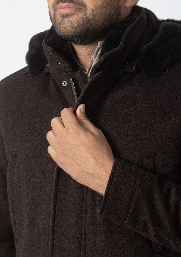 Men's Caligola cashmere parka in dark brown with beaver fur lining, Loro Piana Green Storm System, detail #color_moro