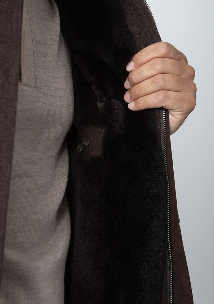 Men's Caligola cashmere parka in dark brown with beaver fur lining, Loro Piana Green Storm System, detail #color_moro