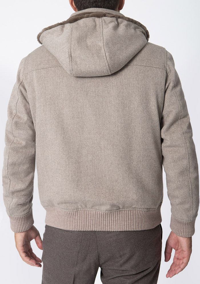 Luxury men's taupe fur-lined bomber jacket, Tiberio #color_tortora