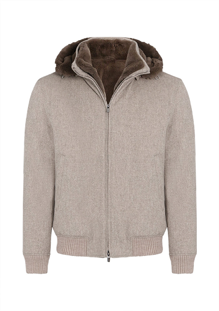 Tiberio Rex Fur Hooded Bomber in taupe Loro Piana wool, Addison Geneva #color_tortora