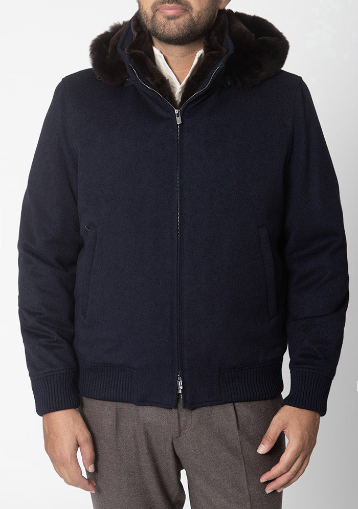 Men's navy hooded bomber with Rex fur lining and hood #color_navy
