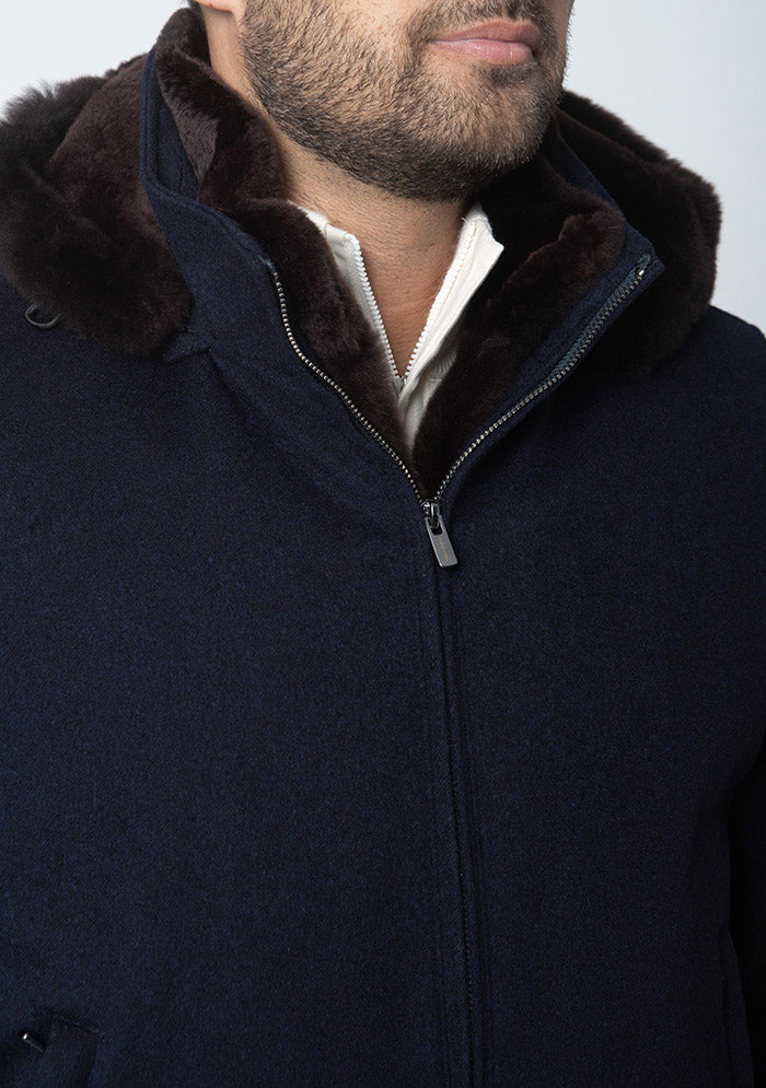 Tiberio navy bomber with removable Rex fur hood, made in Italy #color_navy