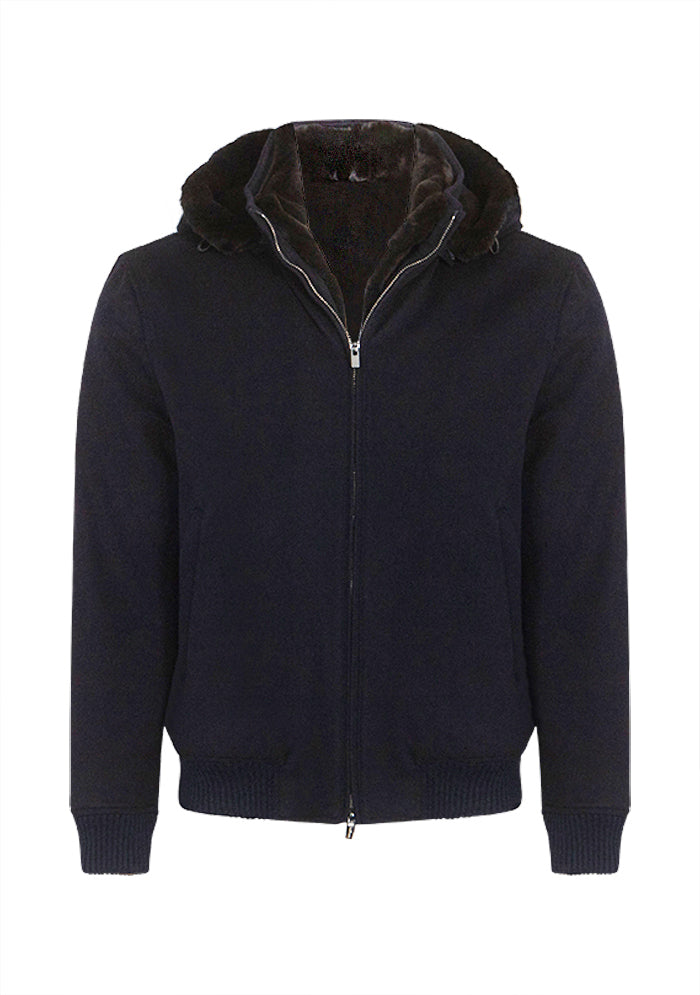 Tiberio Rex Fur Hooded Bomber in navy Loro Piana wool, Addison Geneva #color_navy