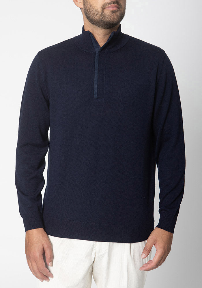 Biella navy half-zip sweater in 100% Italian Merino wool, Addison Geneva #color_navy