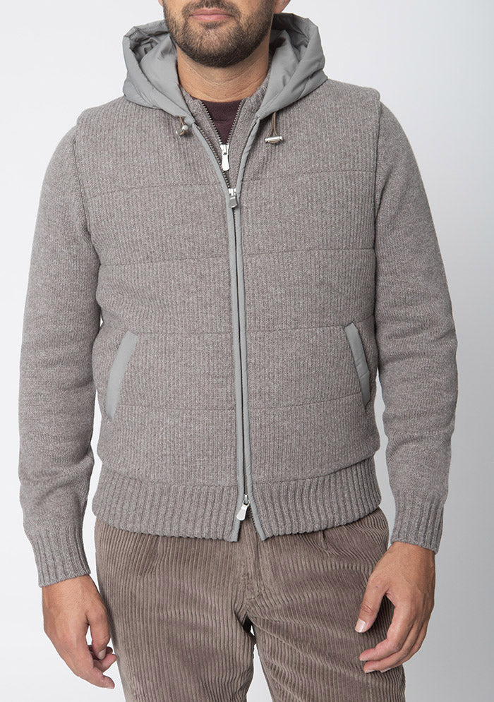 Courmayeur hooded vest in taupe Italian wool with technical hood #color_tortora