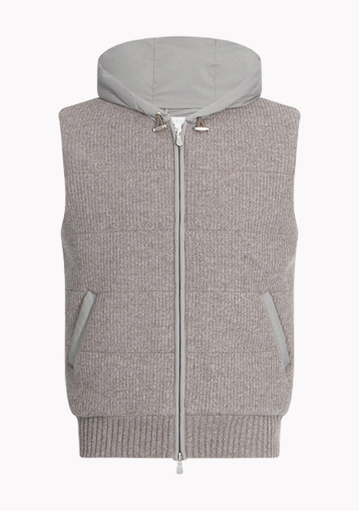 Men's hooded wool gilet in taupe, Courmayeur by Addison Geneva #color_tortora