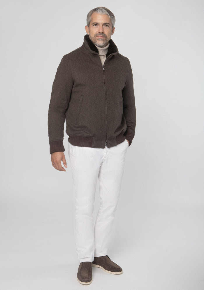 Aurelio brown luxury wool bomber for men with detachable fur collar #color_brown