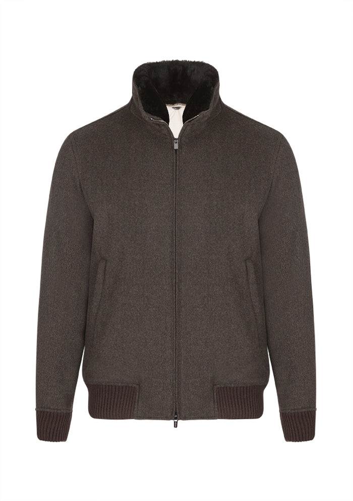 Men's brown Loro Piana wool bomber with detachable beaver fur collar, Aurelio #color_brown