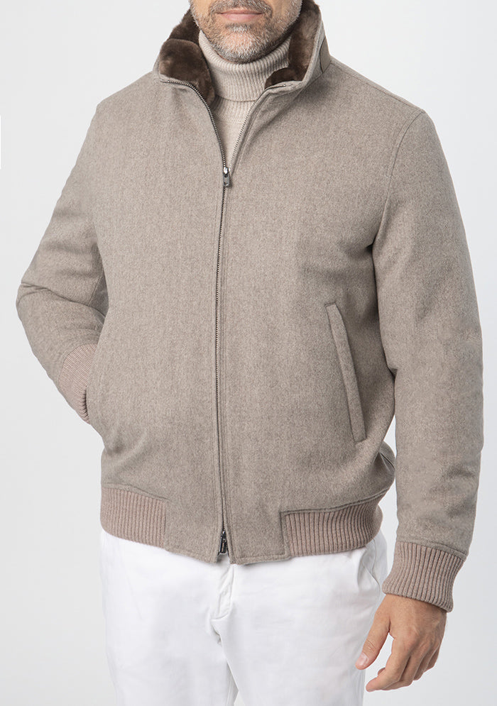 Aurelio tortora wool bomber in Loro Piana Storm System fabric, made in Italy #color_tortora