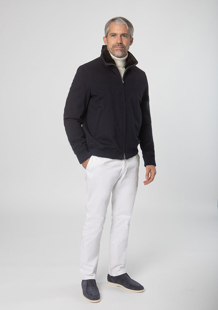 Aurelio navy luxury wool bomber for men with detachable fur collar #color_navy