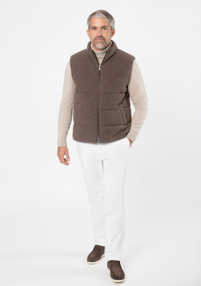Brown wool cashmere puffer vest for men #color_GRIZZLY
