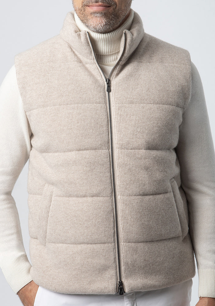 Beige knitted down vest in 70% wool and 30% cashmere #color_MILLET