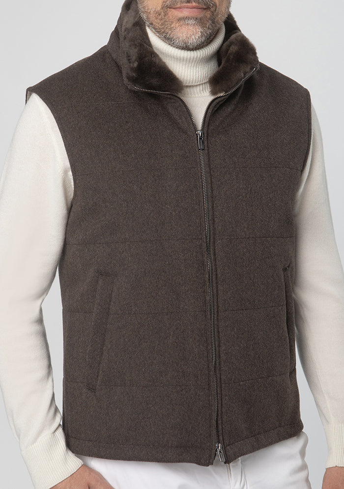Breras brown quilted wool vest in Loro Piana Green Storm System fabric #color_moro