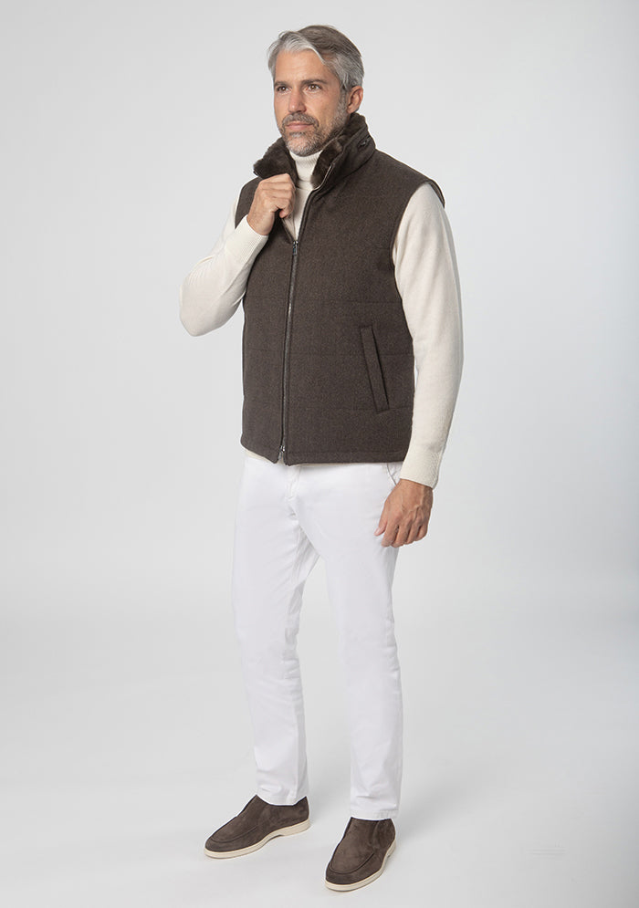 Brown Breras beaver collar vest in 100% wool Loro Piana fabric #color_moro