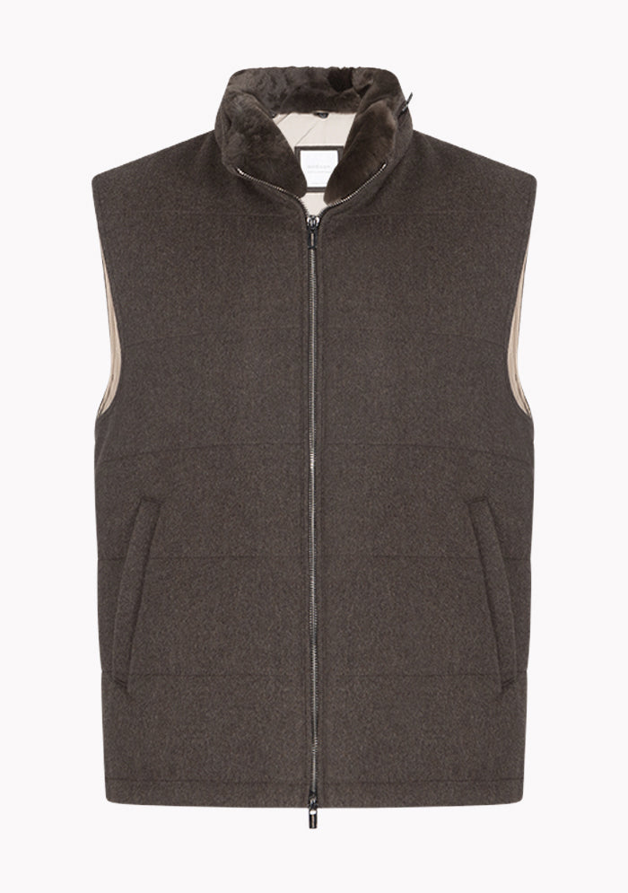 Men's brown Loro Piana wool vest with detachable beaver fur collar, Breras #color_moro