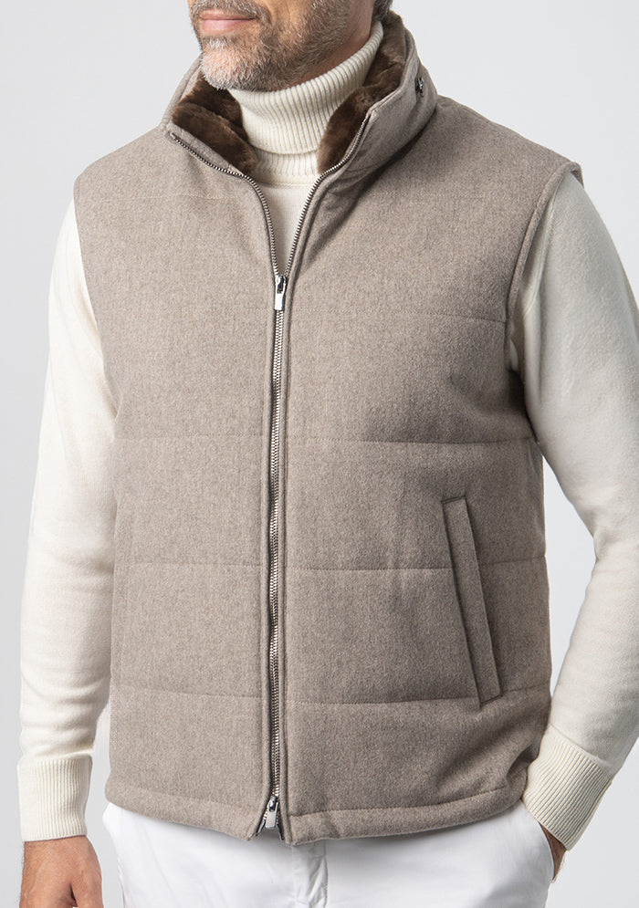 Breras tortora quilted wool vest in Loro Piana Green Storm System fabric #color_tortora