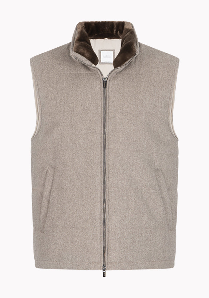 Men's tortora Loro Piana wool vest with detachable beaver fur collar, Breras #color_tortora