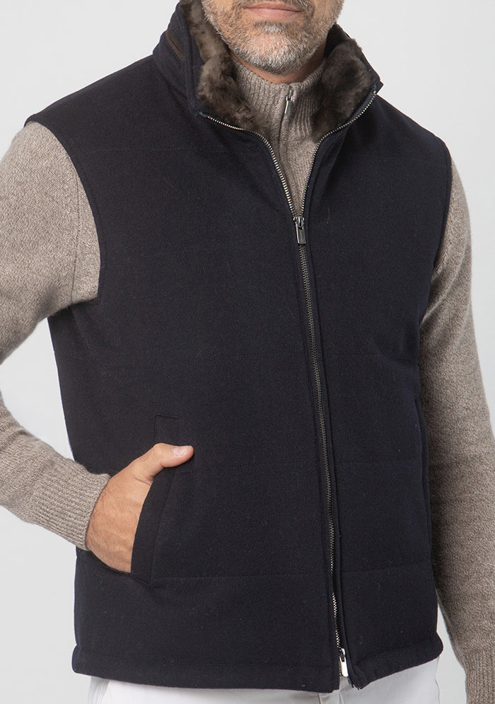 Breras navy quilted wool vest in Loro Piana Green Storm System fabric #color_blu