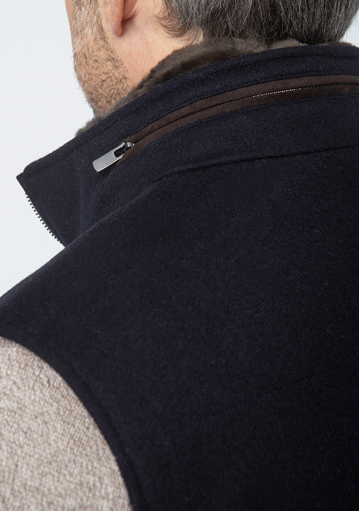 Navy Breras wool vest, beaver fur collar and Alcantara zip detail #color_blu