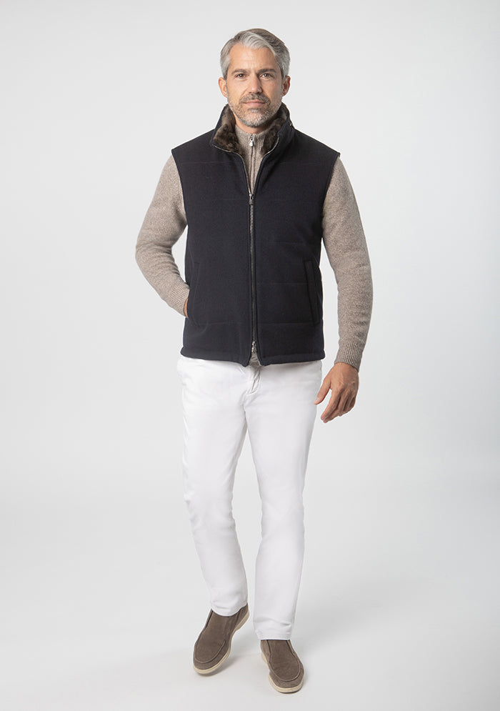 Breras navy luxury wool vest for men with detachable fur collar #color_blu