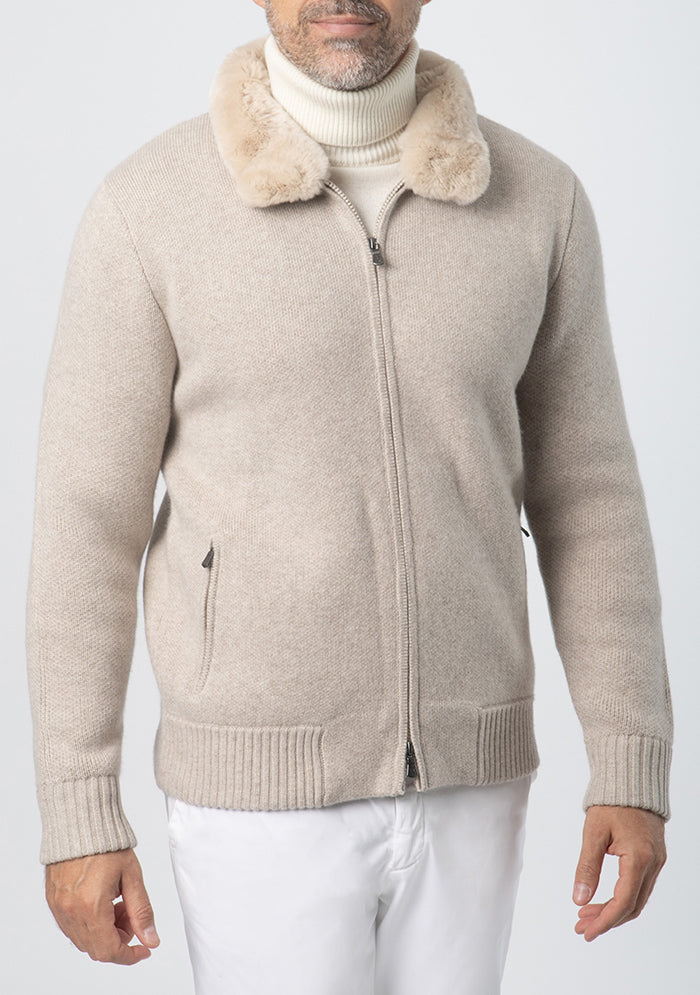 Men's Trieste Wool & Cashmere Zip Cardigan with Rex Fur Collar in millet beige, worn, Addison Geneva #color_millet