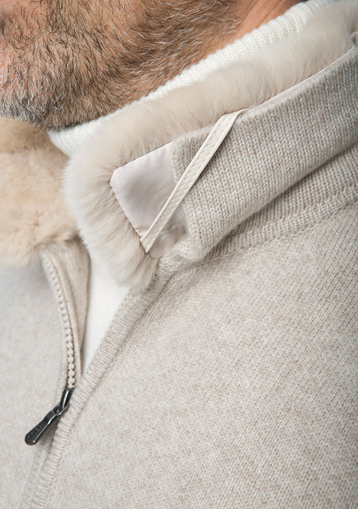 Men's Trieste Wool & Cashmere Zip Cardigan with Rex Fur Collar in millet beige, worn, Addison Geneva #color_millet