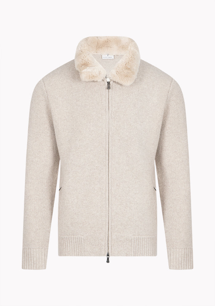 Men's Trieste Wool & Cashmere Zip Cardigan with Rex Fur Collar in millet beige, Addison Geneva #color_millet