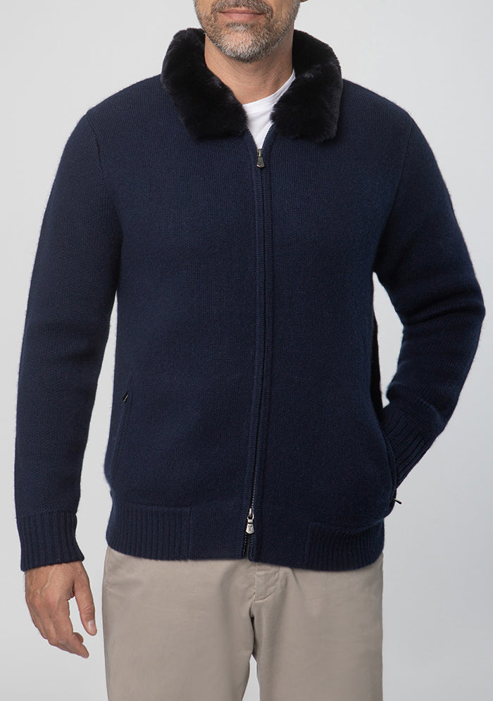 Men's Trieste Wool & Cashmere Zip Cardigan with Rex Fur Collar in navy, worn, Addison Geneva #color_navy
