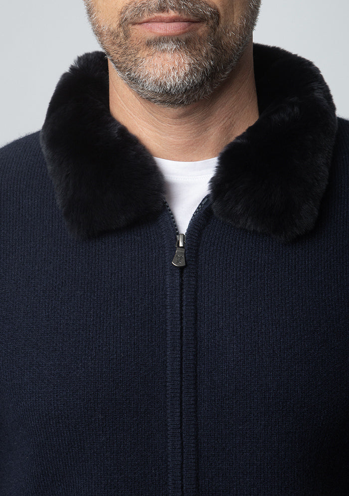 Men's Trieste Wool & Cashmere Zip Cardigan with Rex Fur Collar in navy, worn, Addison Geneva #color_navy