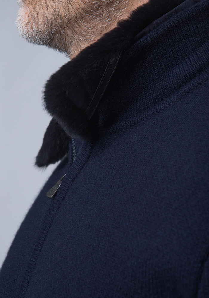 Men's Trieste Wool & Cashmere Zip Cardigan with Rex Fur Collar in navy, worn, Addison Geneva #color_navy