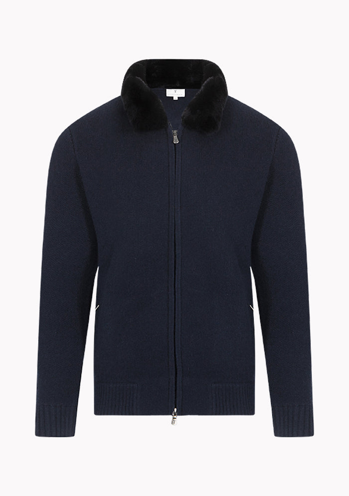 Men's Trieste Wool & Cashmere Zip Cardigan with Rex Fur Collar in navy, Addison Geneva #color_NAVY