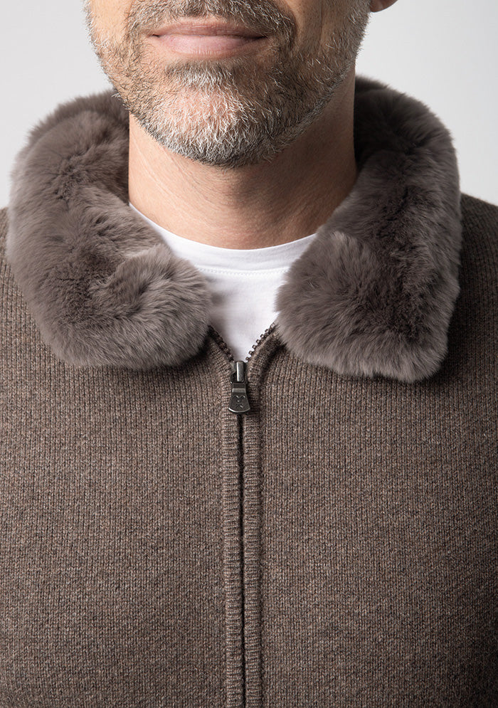 Trieste Wool & Cashmere Zip Cardigan with Rex Fur Collar