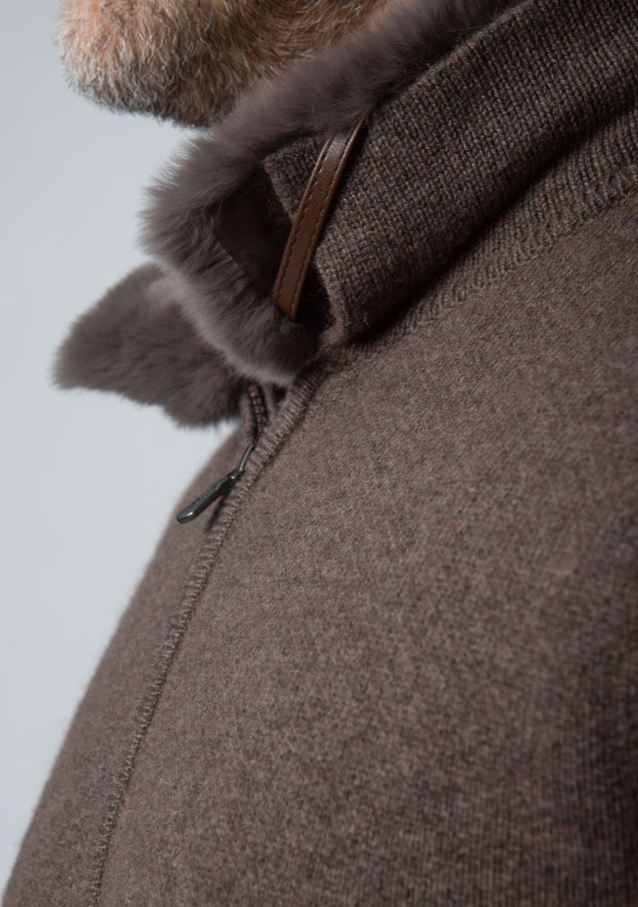 Men's Trieste Wool & Cashmere Zip Cardigan with Rex Fur Collar in grizzly brown, worn, Addison Geneva #color_grizzly