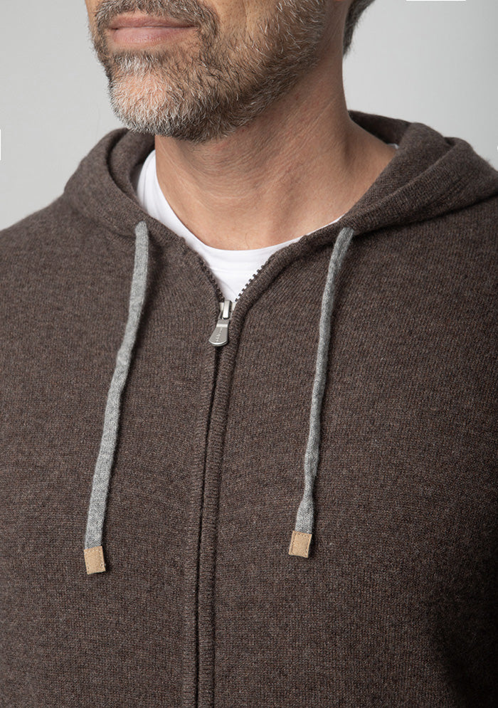 Men's Cozy 100% cashmere zip hoodie in brown, worn, Addison Geneva #color_brown