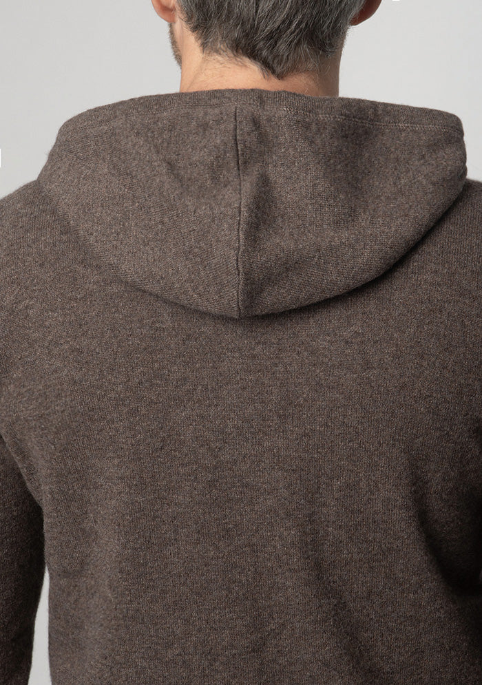 Men's Cozy 100% cashmere zip hoodie in brown, worn, Addison Geneva #color_brown