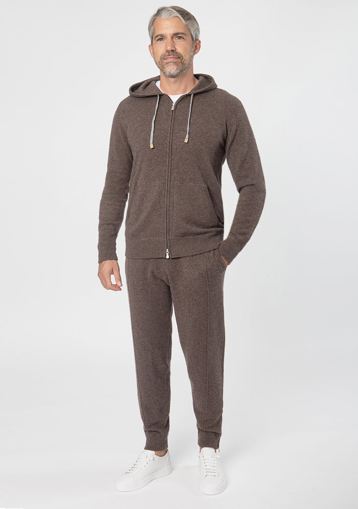 Men's Cozy cashmere tracksuit, zip hoodie and sweatpants in brown, worn, Addison Geneva #color_BROWN