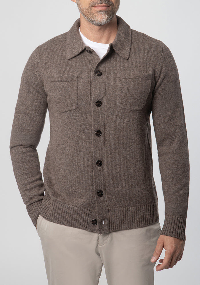 Torino grizzly brown overshirt in 70% wool and 30% cashmere, Addison Geneva #color_GRIZZLY