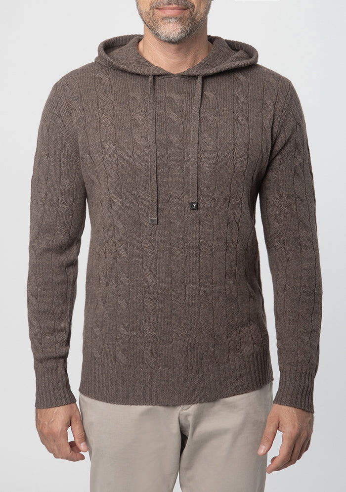 Stelvio Wool & Cashmere Cable-Knit Hoodie in grizzly brown, worn #color_GRIZZLY
