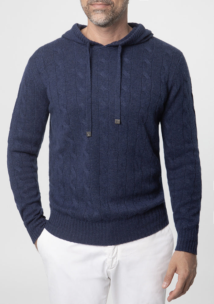 Stelvio Wool & Cashmere Cable-Knit Hoodie in indigo blue, worn #color_INDIGO