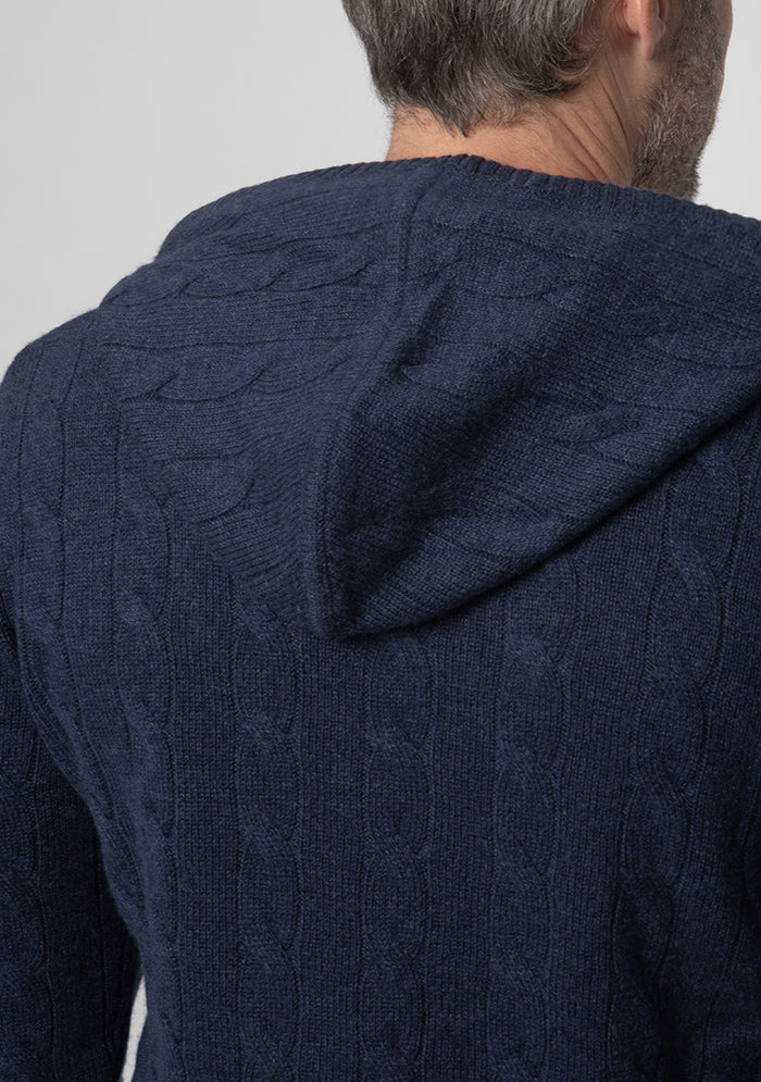 Stelvio Wool & Cashmere Cable-Knit Hoodie in indigo blue, worn #color_INDIGO
