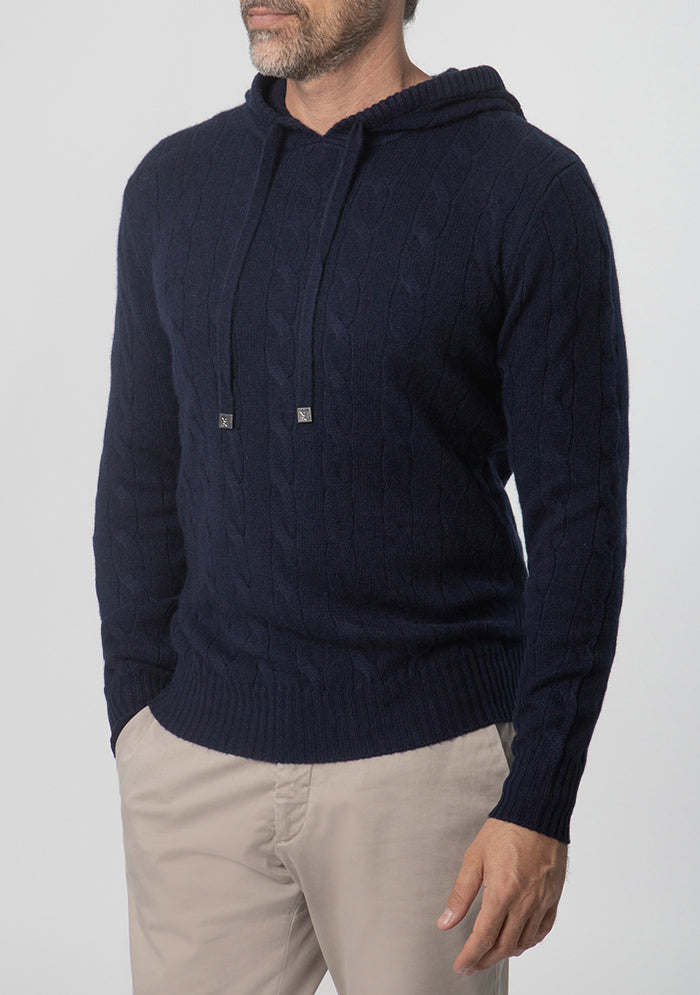 Stelvio Wool & Cashmere Cable-Knit Hoodie in navy, worn #color_NAVY