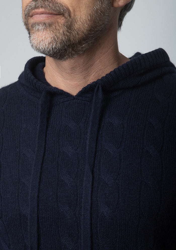 Stelvio Wool & Cashmere Cable-Knit Hoodie in navy, worn #color_NAVY