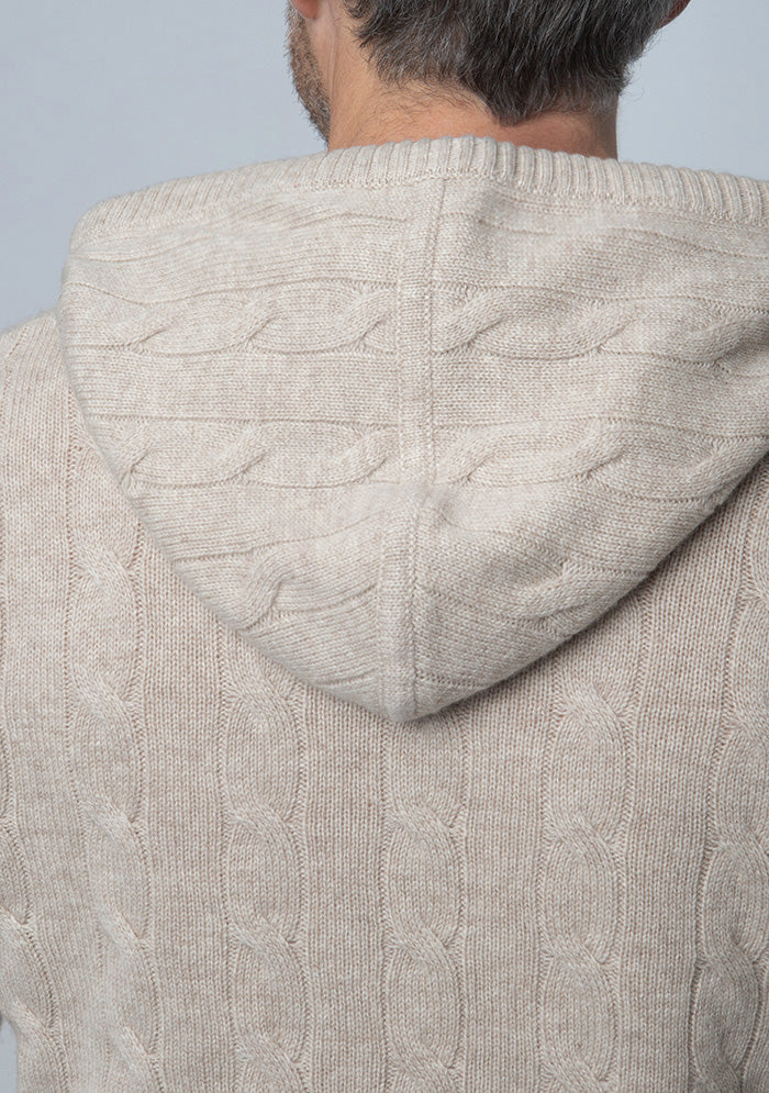Stelvio Wool & Cashmere Cable-Knit Hoodie in millet beige, worn #color_MILLET