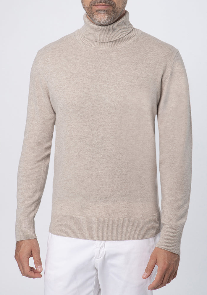 Men's Perugia Wool & Cashmere Turtleneck in millet beige, worn, Addison × DrunkenKoala #color_MILLET