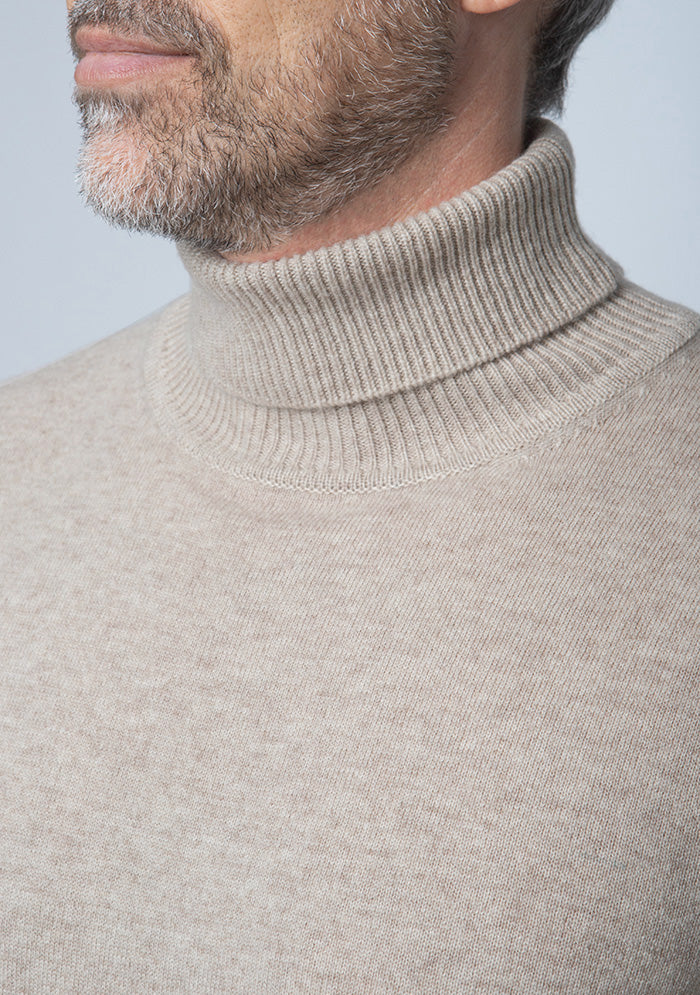 Men's Perugia Wool & Cashmere Turtleneck in millet beige, worn, Addison × DrunkenKoala #color_MILLET