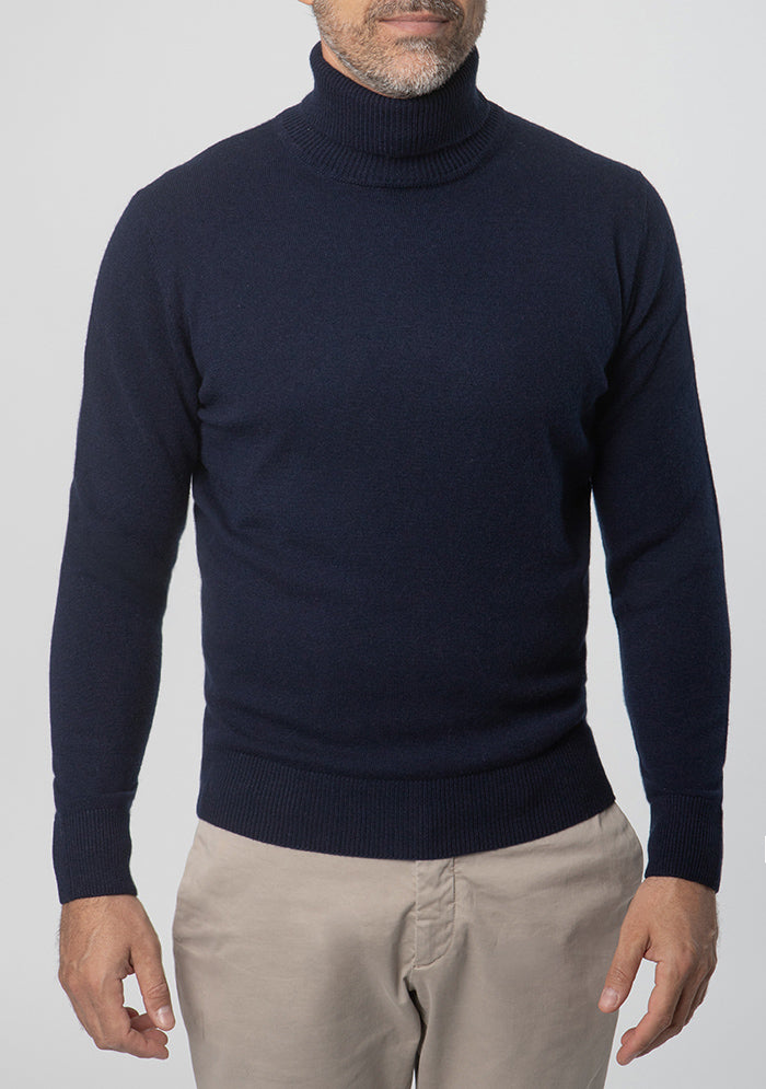 Men's Perugia Wool & Cashmere Turtleneck in navy, worn, Addison × DrunkenKoala #color_NAVY