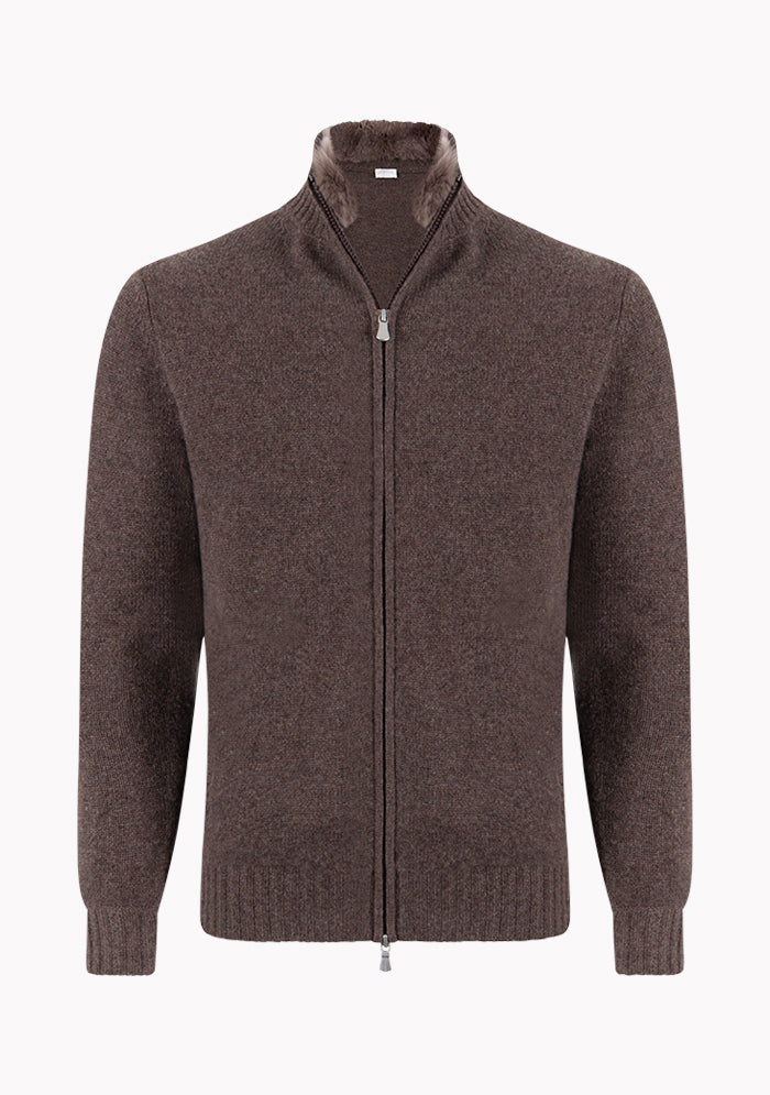 Monte Bianco Cashmere Zip Cardigan With Rex Fur Collar