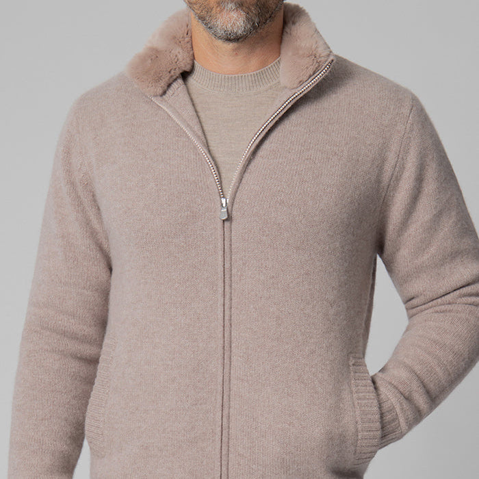 Monte Bianco Cashmere Zip Cardigan With Rex Fur Collar